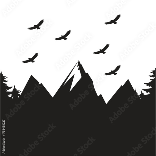 Majestic eagles soar over a dramatic mountain range at sunset, symbolizing freedom and wild nature.