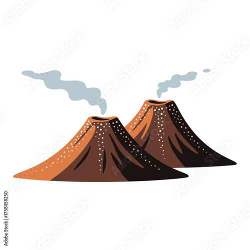 Two smoking volcanoes erupting with smoke and ash releasing into the atmosphere.
