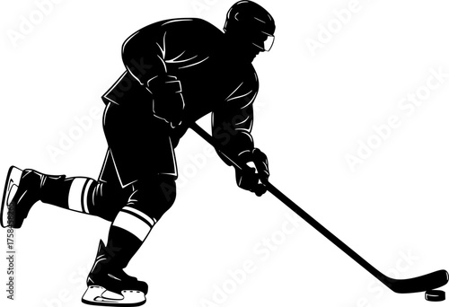 Hockey silhouette. This image shows a black silhouette of a hockey player in action, skating with a stick and puck. Vector clipart illustration design