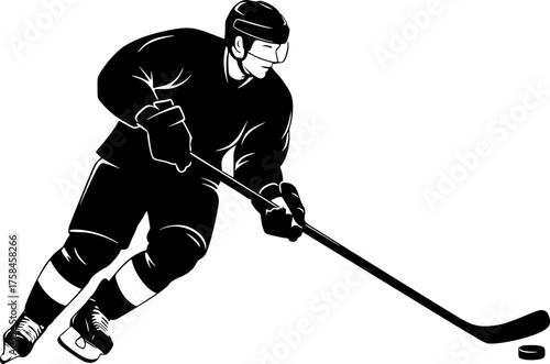 Hockey silhouette. This image shows a black silhouette of a hockey player in action, skating with a stick and puck. Vector clipart illustration design