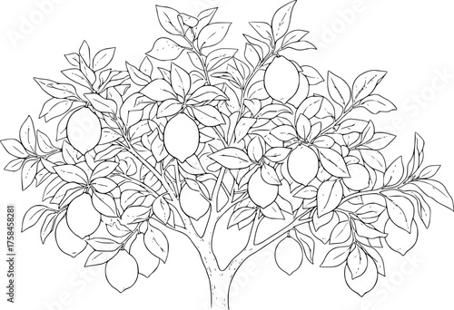 Lemon tree drawing. It is a vector sketch line art drawing of a lemon tree with ripe lemons and leaves. Vector sketch line art draw.