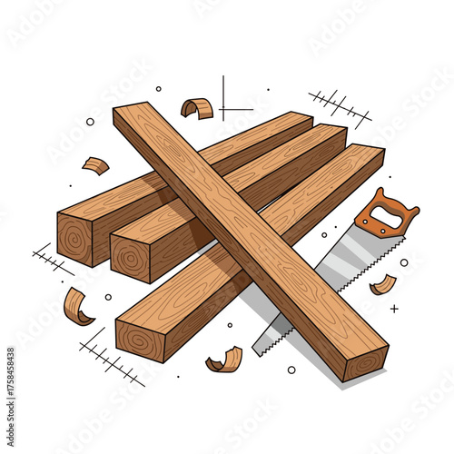 A pile of wooden planks next to a hand saw and wood shavings indicating carpentry.