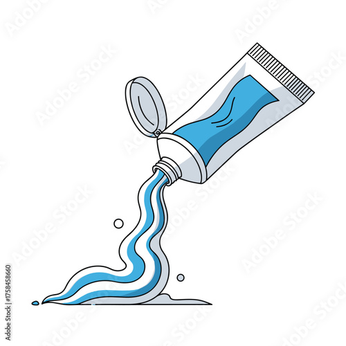 A tube of toothpaste with white and blue stripes is squeezing out onto a surface.