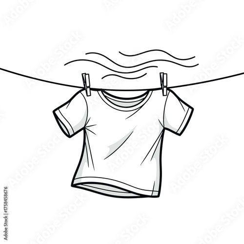 A white t-shirt hangs on a clothesline with clothespins and wavy lines indicating fresh air.