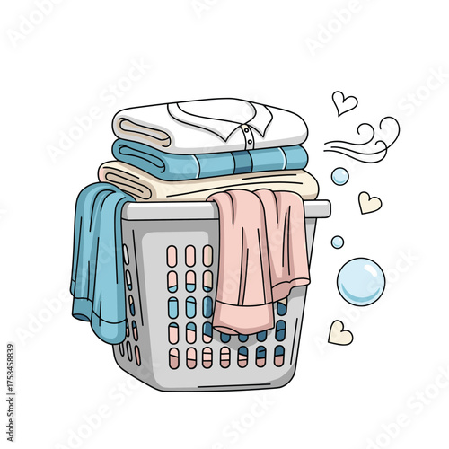 A stack of clean folded clothes sits in a laundry basket with fabric softener scent floating out.