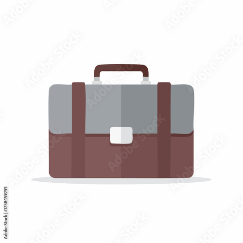 Flat vector illustration of a brown briefcase or satchel with a gray flap and a simple closure mechanism. Isolated
