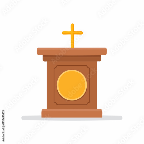 Wooden church podium with golden cross on top, simple vector illustration isolated on white background.