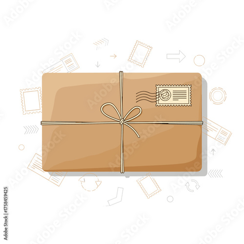 A brown paper package tied with string and a postage stamp on top.