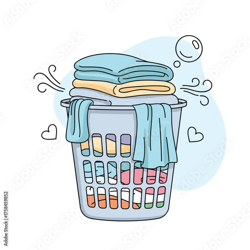 A full laundry basket brimming with colorful clothes ready for washing with fresh scents.