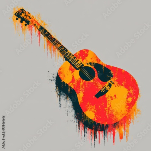 Distressed Guitar: Acoustic Musical Instrument Sticker with Grunge Style