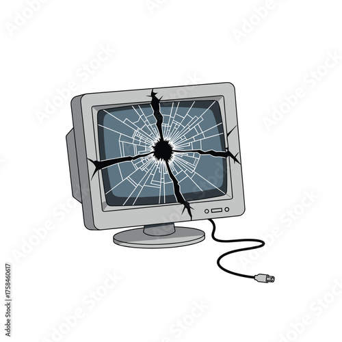 A broken computer monitor with a cracked screen sits on a white background.