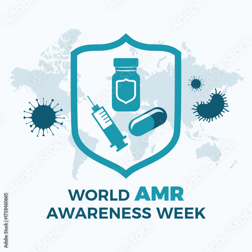 World AMR Awareness Week poster vector illustration. Antimicrobial resistance symbol. Shield, virus, antibiotic pill icon set vector. Template for background, banner, card. In November every year