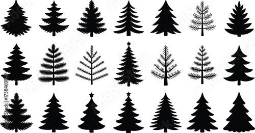 Black and white vector illustration of twenty unique Christmas tree silhouettes showing various pine tree shapes and minimal festive holiday designs