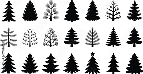 Black and white vector illustration of twenty unique Christmas tree silhouettes showing various pine tree shapes and minimal festive holiday designs