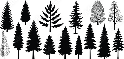 Collection of elegant black and gray tree silhouettes featuring pine and deciduous shapes for modern forest and nature vector design