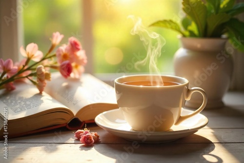 Sunlit Herbal Tea, Book, and Flowers A Tranquil Scene of Relaxation and Self-Care