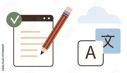 Pencil writing on a document checklist with a green tick, cloud, and Translate elements. Ideal for learning, translation, writing, editing, education study materials global outreach. Simple flat