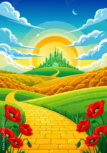 Magical Emerald City journey along a vibrant yellow brick road through rolling fields and poppy flowers under a bright sun and blue sky with clouds