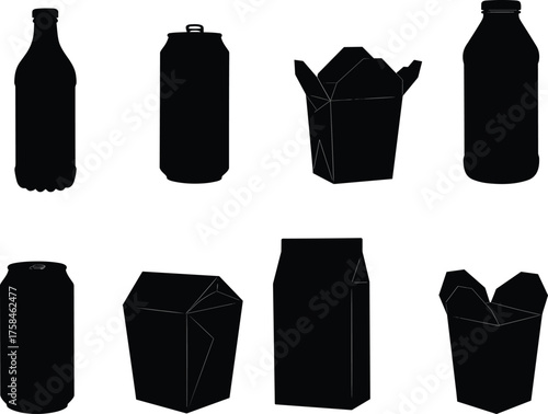 Silhouette, food packaging, beverage containers, soda can, plastic bottle, takeout box, carton, recycling, waste, consumer goods, black icons, isolated, vector, environmental, drink, fast food