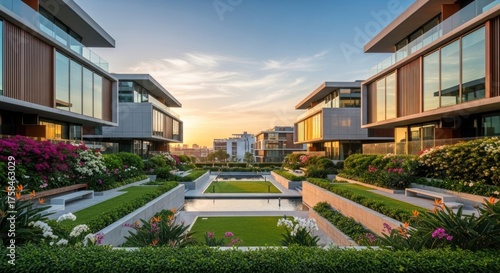 Modern residential complex featuring contemporary architecture, lush landscaping, and a serene atmosphere.