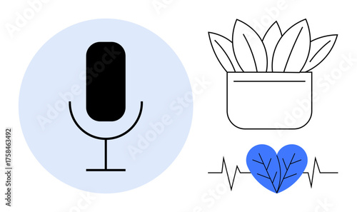 Minimalist microphone, potted plant, and heart with leaves connected to heartbeat lines. Ideal for health, wellness, eco-living, communication, mindfulness sustainability modern simplicity. A clean