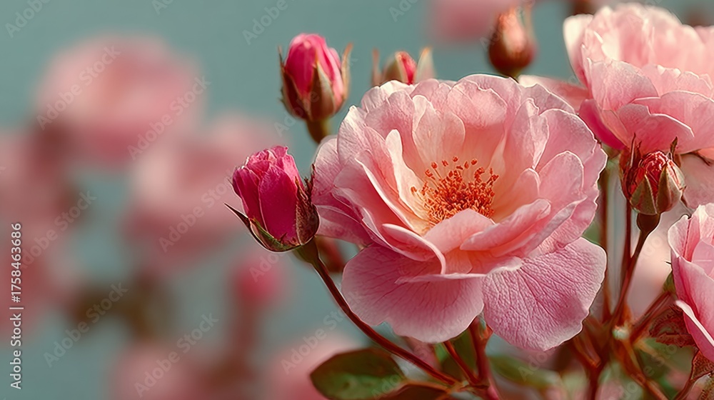 Obraz premium Close-up of Delicate Pink Roses and Buds with Soft Bokeh Background