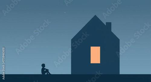 Silhouette of a lonely child sitting outside a house with a glowing window at night.