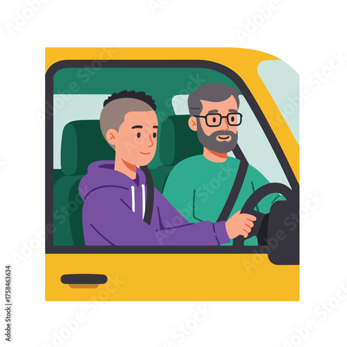 Driver's education a younger person learning from an experienced adult in a car