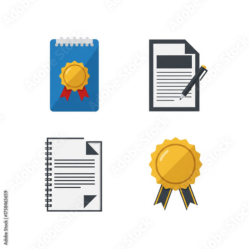 A collection of flat design vector icons for business, including certified documents, legal contracts, official agreements, and achievement awards