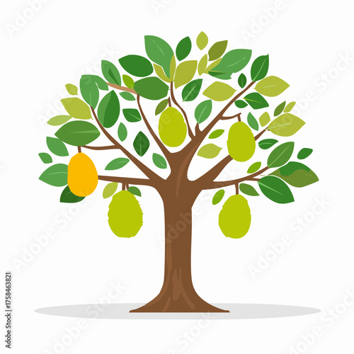 A cartoon illustration of a pear tree with ripe fruit hanging from its branches in a serene environment viewed from the front.