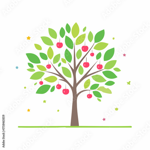 A vibrant illustration of a tree with apples and leaves, surrounded by colorful stars and butterflies, in a serene landscape, viewed from the front.