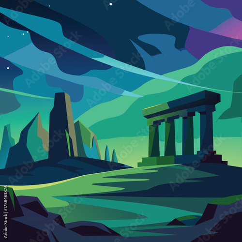 ancient ruins beneath aurora skies.eps