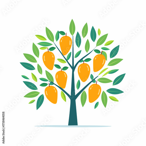 A serene illustration of a tree laden with oranges and green leaves, viewed from a straightforward perspective.