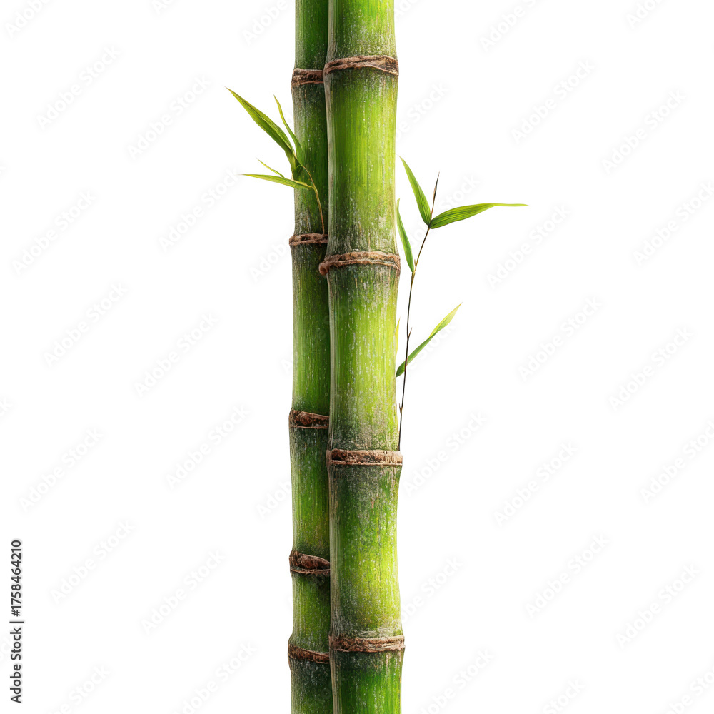 Fototapeta premium Two vibrant green bamboo stalks with brown nodes and delicate leaves against black plant nature, Isolated On Black Background, Png Transparent Background, Cut Out