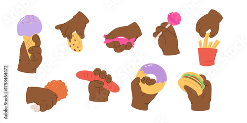 Black children and junk food. Simple and cute illustration of kids hands holding lollipop, cookie, candy, donut for kids menu