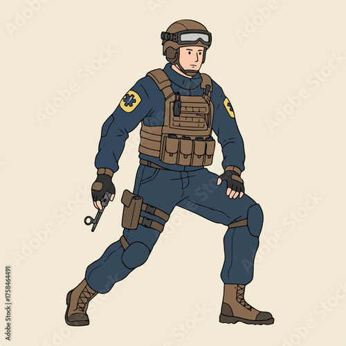 Cartoon drawing of a person in tactical gear and holding a firearm