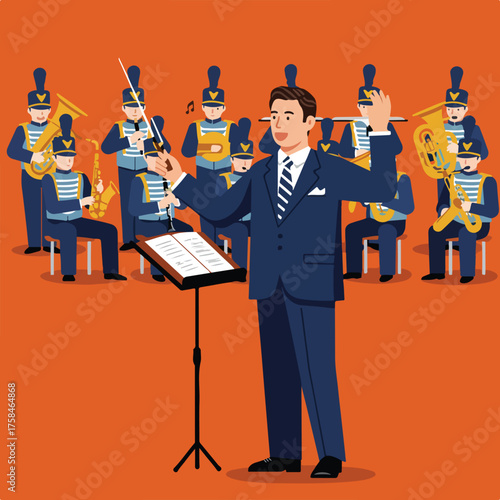 A conductor leads a marching band, musicians play brass instruments in uniform