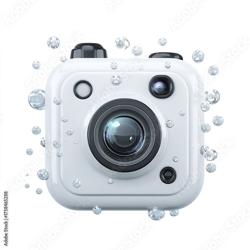 A white mini camera with water droplets isolated on white background, a compact and modern photography gadget