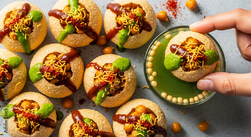 Top-down view of freshly prepared Golgappa, a savory and spicy Indian chaat appetizer served with tangy tamarind and mint-flavored water