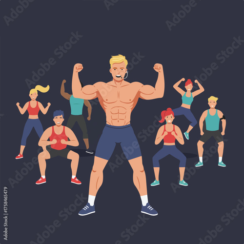 Muscular instructor leads diverse group in energizing fitness class