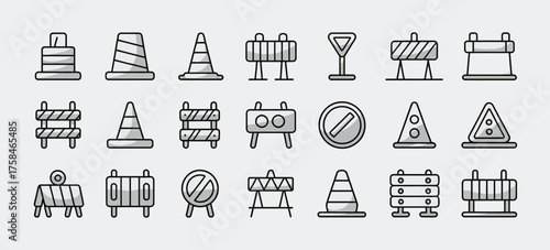 Minimalist black and white vector icons of traffic cones and barriers silhouette