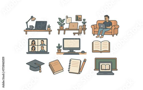workspace with notebook remote work flat vector illustration style isolated on white background home office setup remote work flat vector illustration style isolated on white background