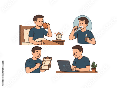 morning routine productivity flat vector illustration style isolated on white background