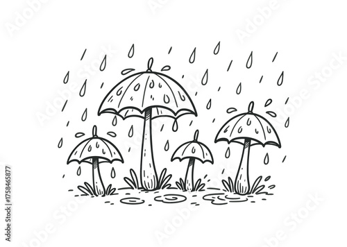 doodle illustration of mushrooms shaped like umbrellas after rain clean black and white line art with slightly hand drawn strokes simple and lively style on white background