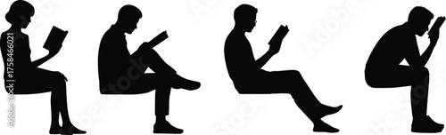 Reading silhouettes illustration, seated book poses, study posture art, educational lifestyle design, learning habit artwork, black and white concept