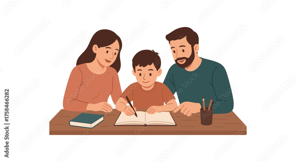 Fototapeta premium parents helping with homework family life flat vector illustration style isolated on white background