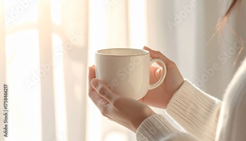 A person in a cozy white sweater holds a warm mug of coffee or tea, enjoying a peaceful and serene morning by a sunlit window