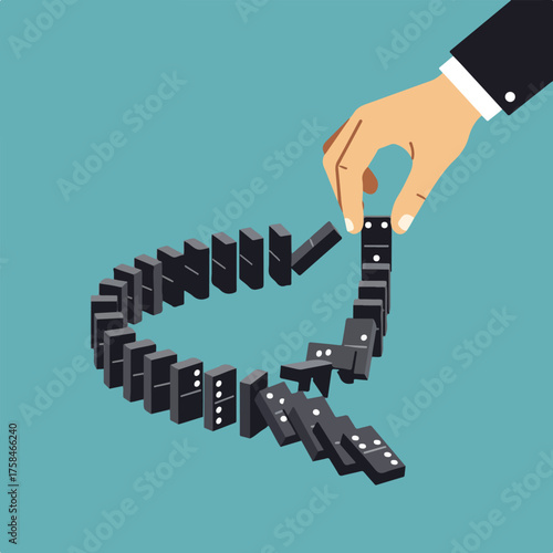 A hand in a suit jacket starts a chain reaction with black dominoes