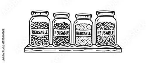 doodle illustration of reusable glass jars filled with dry grains neatly arranged on wooden shelf clean black and white line art with slightly hand drawn strokes simple and balanced style