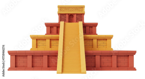 Isolated illustration of a Mayan pyramid with central staircase, vibrant colors and details